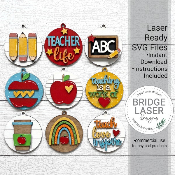 Teacher Ornament Bundle Laser Cut File, Christmas Ornament SVG, Teacher, School, Apple Ornament, Glowforge Laser Design, Christmas Laser SVG