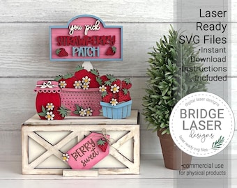 Strawberry Shelf Sitter SVG Laser Cut File, Summer Strawberry Crate & Trunk Interchangeable, Glowforge xTool, Strawberry Laser File Download