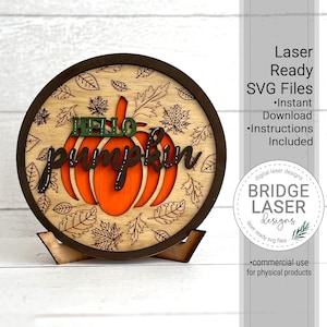 Fall Circle Laser Cut File, Fall Picture Collage, Fall Pumpkin & Stand Laser File, Autumn Pumpkin Round Sign, Fall Shelf Sitter Laser SVG