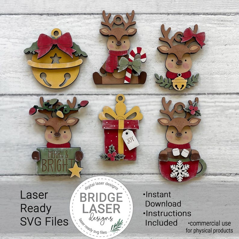 May include: Six wooden Christmas ornaments featuring a yellow bell with a red bow, a reindeer with a candy cane, a reindeer with a bell, a reindeer holding a sign that says MERRY & BRIGHT, a red gift box with a tag saying JOY, and a reindeer in a mug.