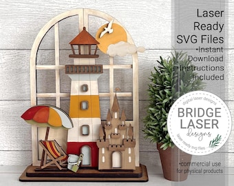 Summer Beach Shelf Sitter SVG Laser Cut File, Beach Trio Stand, Glowforge xTool Lightburn Compatible, Interchangeable Summer Beach Decor