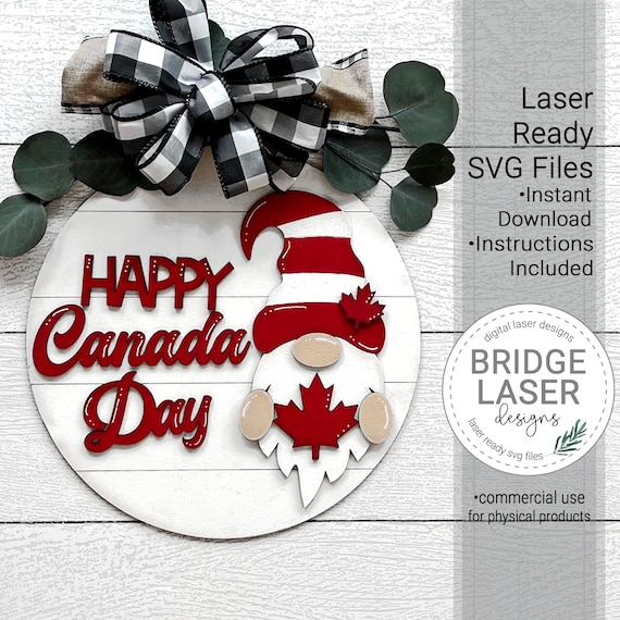 Canada Day Gnome Door Hanger Laser File, Canada Day Laser Cut Files, Happy Canada Day Sign SVG, Canada Day Gnome Sign Laser Cut Files