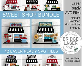 May include: A selection of laser-ready SVG files showcasing miniature shop designs. Themes include a hot cocoa stand, sweet shop, and a workshop. The image includes the text "SWEET SHOP BUNDLE" and "12 LASER READY SVG FILES".