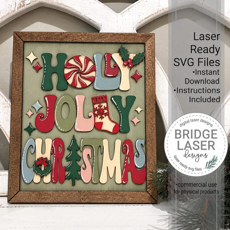 May include: A rectangular wooden sign with a dark brown frame featuring the text HOLLY JOLLY CHRISTMAS in multi-colored, layered, retro-style lettering. The design includes a peppermint candy, a stocking, a wreath, and a pine tree graphic.