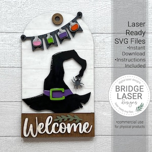 Halloween Door Hanger Sign Laser Cut File, Halloween Witch Hat Interchangeable Door Hanger SVG, Fall Porch Interchangeable Sign Laser Cut