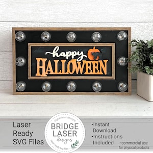 May include: A black and brown wooden sign with light bulbs around the perimeter. The sign says "happy HALLOWEEN" in orange and white letters with a black bear silhouette inside an orange pumpkin.