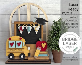 School Laser Cut File, School Trio Stand, Laser File for Glowforge xTool & Lightburn, Classroom Laser Files, School Shelf Sitter, Download
