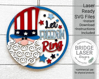 Uncle Sam Laser Cut Design SVG, Tür Aufhänger Laserdatei, Unabhängigkeitstag Willkommensschild Laser Cut Datei, lassen Sie Freiheit Ring runden Schild