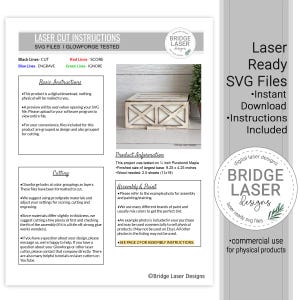 May include: A digital instruction sheet for laser cut SVG files featuring a white wooden box with a cross-brace design. The document includes sections for basic instructions, cutting, product information, and assembly, with text specifying 9.25 x 4.25 inch dimensions.