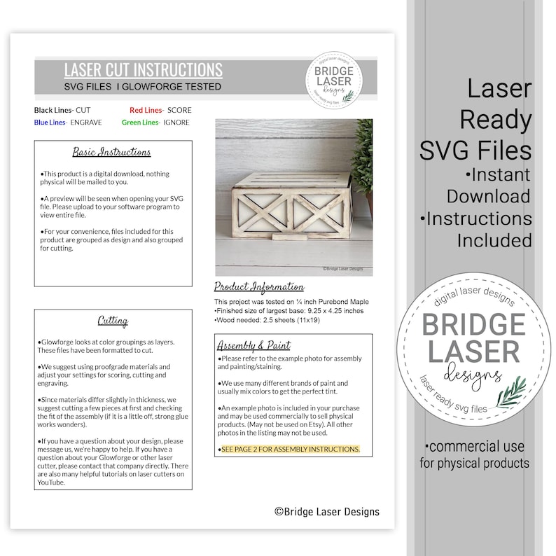 May include: A digital instruction sheet for laser cut SVG files featuring a white wooden box with a cross-brace design. The document includes sections for basic instructions, cutting, product information, and assembly, with text specifying 9.25 x 4.25 inch dimensions.