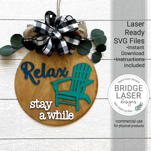 Summer Door Hanger Laser File, Summer Laser Cut File SVG, Adirondack Chair Summer Sign, Relax Summer Round Sign, Summer Welcome Sign SVG