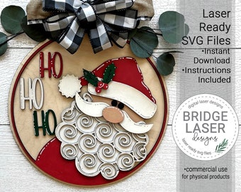 Christmas Door Hanger Laser Cut File, Christmas Door Round SVG, Laser Ready Door Hanger, Christmas Sign SVG, Santa Christmas Laser SVG