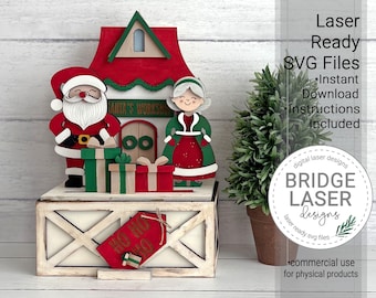 Christmas Shelf Sitter SVG Laser Cut File, Santa's Workshop Crate & Trunk Interchangeable, Digital Download