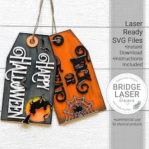 Halloween Laser Cut File, Happy Hallloween Tag, Welcome Door Hanger Laser File, Trick or Treat Glowforge Laser Cut Design