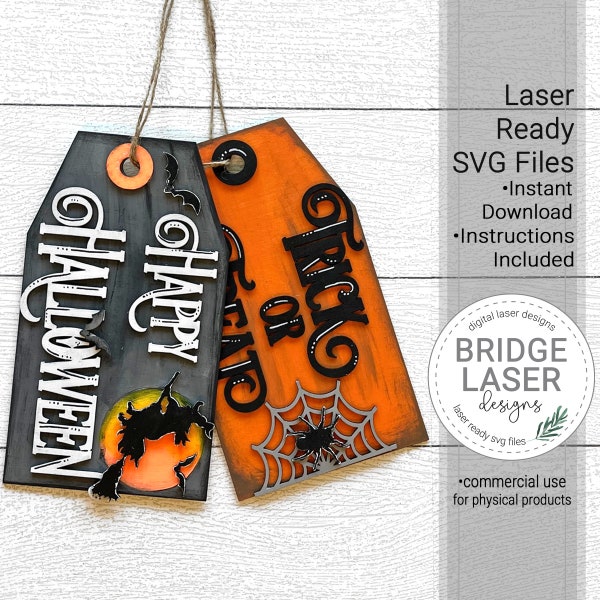 Halloween Laser Cut File, Happy Hallloween Tag, Welcome Door Hanger Laser File, Trick or Treat Glowforge Laser Cut Design