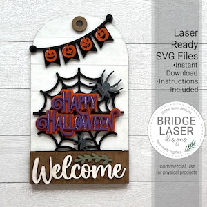 Happy Halloween Door Hanger Sign Laser Cut File, Spider Web Interchangeable Door Hanger SVG, Fall Porch Sign Laser Cut Interchangeable Sign