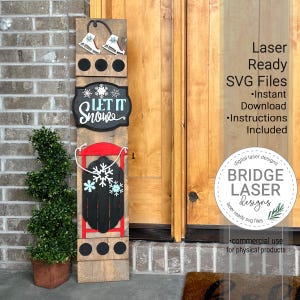 Pattini da ghiaccio per slitta invernale Cartello per veranda con taglio laser, file di taglio laser Let it Snow Cartello per veranda intercambiabile SVG, taglio laser per veranda per le vacanze