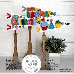 Arquivo de corte a laser de flâmulas intercambiáveis de aniversário, arquivo de corte a laser de flâmulas de feliz aniversário SVG, arquivo de corte a laser de flâmulas vamos comemorar SVG