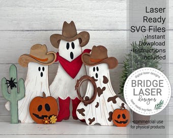 Western Ghosts Laser Cut File, Standing Ghosts Laser SVG, 3 Ghosts Laser File, Halloween Shelf Sitter Laser File, Digital Download