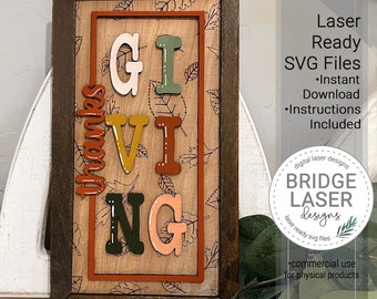 Thanksgiving Laser Cut File, Thanksgiving Sign Laser Cut Design SVG, Thanksgiving Sign With Leaves Laser File, Glowforge Laser Design SVG