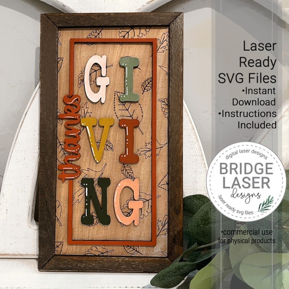 Thanksgiving Laser Cut File, Thanksgiving Sign Laser Cut Design SVG, Thanksgiving Sign With Leaves Laser File, Glowforge Laser Design SVG