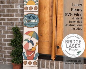 May include: A vertical wooden sign featuring layered cutouts of a yellow sun, a blue sign with the text Hello Summer, a colorful beach umbrella, a beach ball, a bucket, and blue flip-flops. The sign includes circular cutouts at the top and bottom.