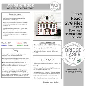 May include: Laser cut SVG file instructions for a gingerbread house. The design is a white house with red and white candy cane trim, a green roof, and a red door. The instructions include information about cutting, assembly, and painting. The file is compatible with Glowforge.