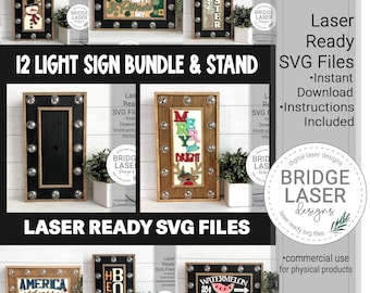 May include: A collection of laser-ready SVG files for light signs. The signs feature various holiday and seasonal themes, including a snowman, St. Patrick's Day, Easter, and Christmas. The signs are framed with a dark border and decorative accents.