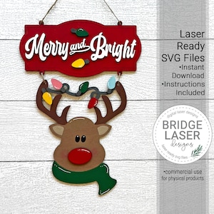 File laser di renna, file di taglio laser di Natale SVG, file laser di gancio per porta di renna, segno laser allegro e luminoso, laser di Natale SVG,