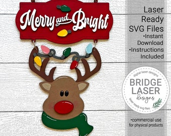 Reindeer Laser File, Christmas Laser Cut File SVG, Reindeer Door Hanger Laser File, Merry and Bright Laser Sign, Christmas Laser SVG,