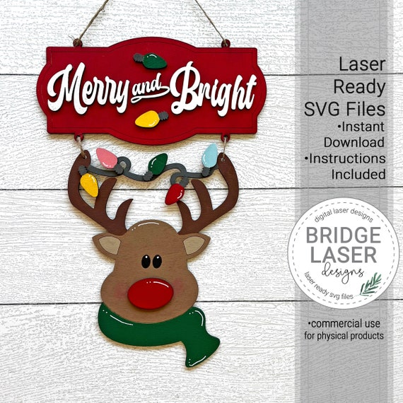Reindeer Laser File, Christmas Laser Cut File SVG, Reindeer Door Hanger Laser File, Merry and Bright Laser Sign, Christmas Laser SVG,