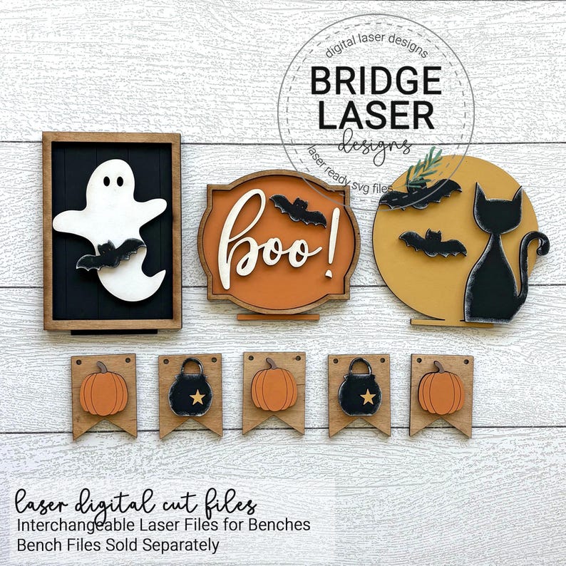 May include: Halloween-themed wooden decorations. Includes a ghost, the word "boo!" with bats, a black cat silhouette, pumpkins, and cauldrons. The decorations are in shades of orange, black, and white, with a wooden frame.