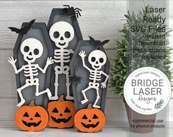 Skeleton Laser Cut File, Standing Skeletons Laser File SVG, 3 Stacked Skeletons Laser File, Halloween Shelf Sitter Laser File, Download
