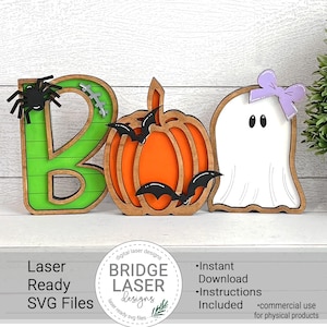 Fichiers laser Halloween, gardienne d'étagère Halloween BOO, citrouille fantôme, Halloween laser SVG, fichiers découpés au laser Halloween, gardienne d'étagère Halloween SVG