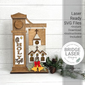Religiöse Weihnachtslaserschnittdatei, Weihnachtskirche austauschbares Zeichen SVG, Laser bereit austauschbares Postzeichen, O heilige Nachtzeichen