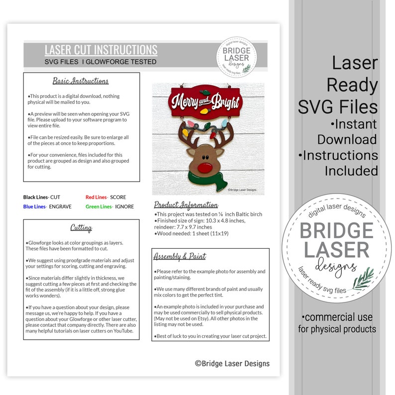 May include: Laser cut SVG files for a "Merry and Bright" reindeer and sign. The design includes a red reindeer with a green scarf and a red sign with white lettering. The SVG files are ready to download and include instructions for cutting and assembly. The design is perfect for creating a festive Christmas decoration.
