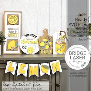 Fichiers d'été découpés au laser, lot de signes étagère citron SVG, dessins laser citron, fichier laser pour cadre penché, limonade citrons plissés au laser