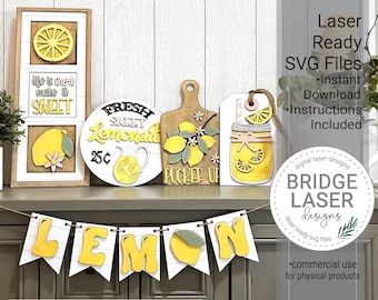 Summer Laser Cut Files, Lemon Shelf Sign Bundle SVG, Lemon Laser Designs, Leaning Frame Laser File, Lemonade Lemons Pucker Up Sign Laser