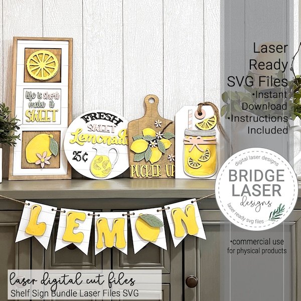 Summer Laser Cut Files, Lemon Shelf Sign Bundle SVG, Lemon Laser Designs, Leaning Frame Laser File, Lemonade Lemons Pucker Up Sign Laser