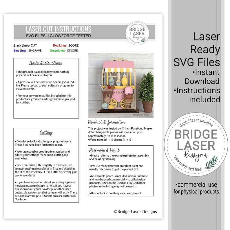 May include: A laser-cut SVG file for a miniature ice cream cart. The image shows a finished product with pink, yellow, and brown accents, along with instructions and product information. The cart measures approximately 14 x 11 inches.