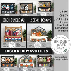Könnte beinhalten: Eine Sammlung von 12 laserfertigen SVG-Dateien für Bankdesigns. Die Designs umfassen saisonale Themen wie Winter, Frühling, Sommer und Herbst. Jede Bank verfügt über dekorative Elemente und den Text "Bench Bundle #2".