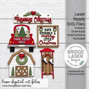 May include: A set of laser-cut wooden Christmas decorations including a Farmhouse Christmas sign, a red truck with trees, a square sign reading Have Yourself A Merry Little Christmas, a barn with a wreath, and a sled with ice skates.