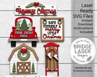 May include: A set of laser-cut wooden Christmas decorations including a Farmhouse Christmas sign, a red truck with trees, a square sign reading Have Yourself A Merry Little Christmas, a barn with a wreath, and a sled with ice skates.