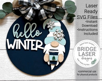 Winter Gnome Door Hanger Laser File, Winter Laser Cut File, Winter Gnome Sign, Winter Welcome Sign Laser Cut SVG, Winter Door Hanger SVG