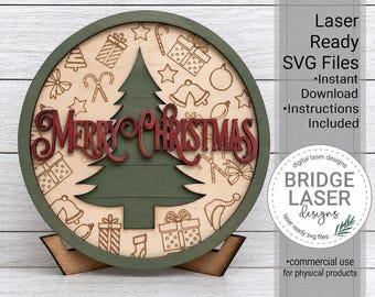 Merry Christmas Round Laser File, Christmas Laser File, Christmas Circle Sign With Easel SVG, Christmas Tree Sign Laser File SVG, Glowforge