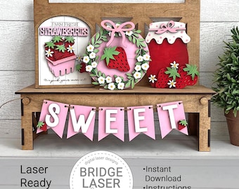 Summer Strawberry Bench Laser Cut File, Strawberry Interchangeable Bench Sign, Summer  Laser SVG,  Interchangeable Summer Laser File SVG