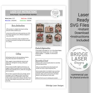 May include: A digital instruction sheet for laser cut SVG files featuring six book-themed wooden ornaments. The document includes color-coded cutting guides, assembly tips, and product information for 4.5 by 4.5 inch finished projects.