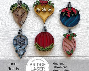 Christmas Ornament Laser File, Christmas Ornament Bundle SVG, Farmhouse Ornament Laser Cut Files, Classic Christmas Ornaments Laser SVG