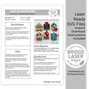 May include: A digital instruction sheet for laser cut ornaments featuring school-themed designs like a bus, globe, and crayons. The document includes text headers, color-coded cutting guides, and assembly notes for SVG files, with a logo for Bridge Laser Designs.