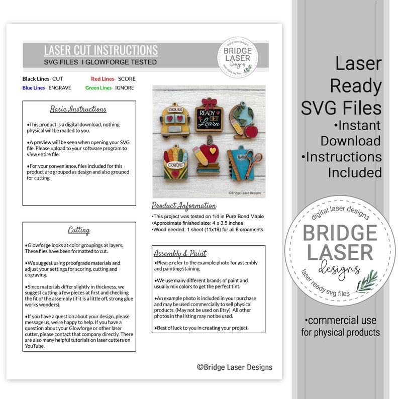 May include: A digital instruction sheet for laser cut ornaments featuring school-themed designs like a bus, globe, and crayons. The document includes text headers, color-coded cutting guides, and assembly notes for SVG files, with a logo for Bridge Laser Designs.